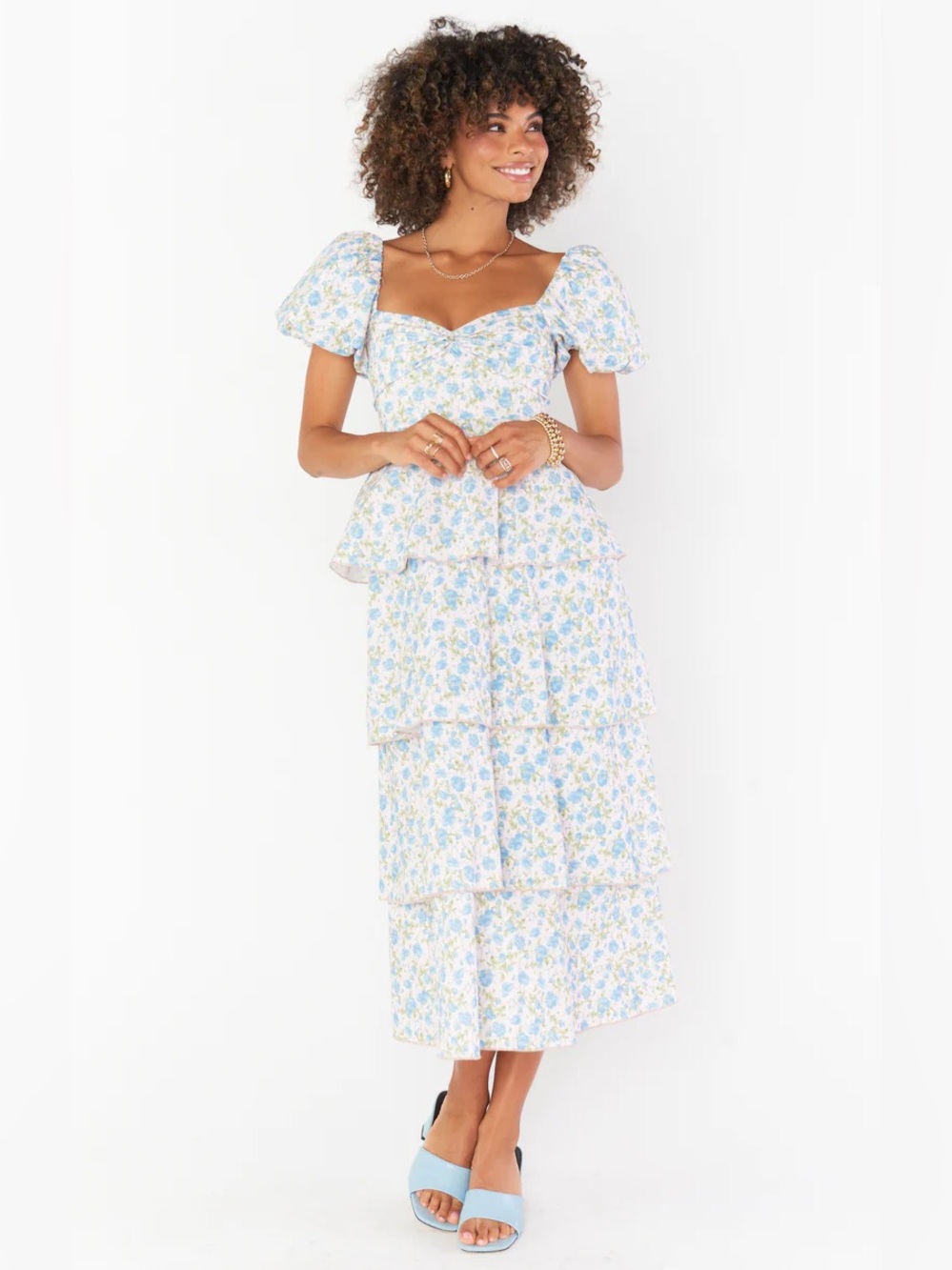 Show Me Your MuMu Light Blue Floral Puff-Sleeve Tiered Maxi Dress